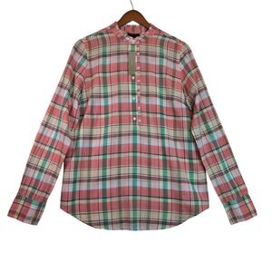 J.Crew NEW Wmns 12T Plaid Collar Henley 1/2 Button Blouse Orange Green Fall